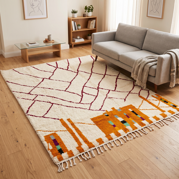 Modern Moroccan wool rug with abstract burgundy lines and golden geometric pattern on a white background
