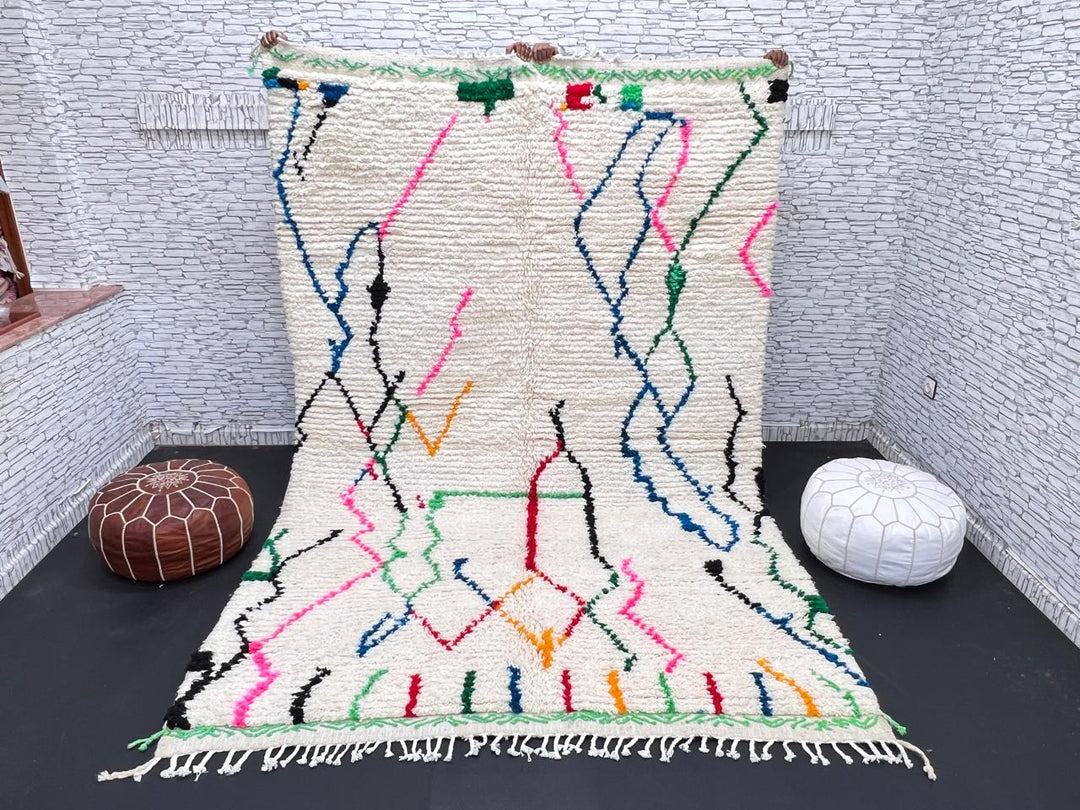 white handmade moroccan berber rug with abstract multicolor line design in wool