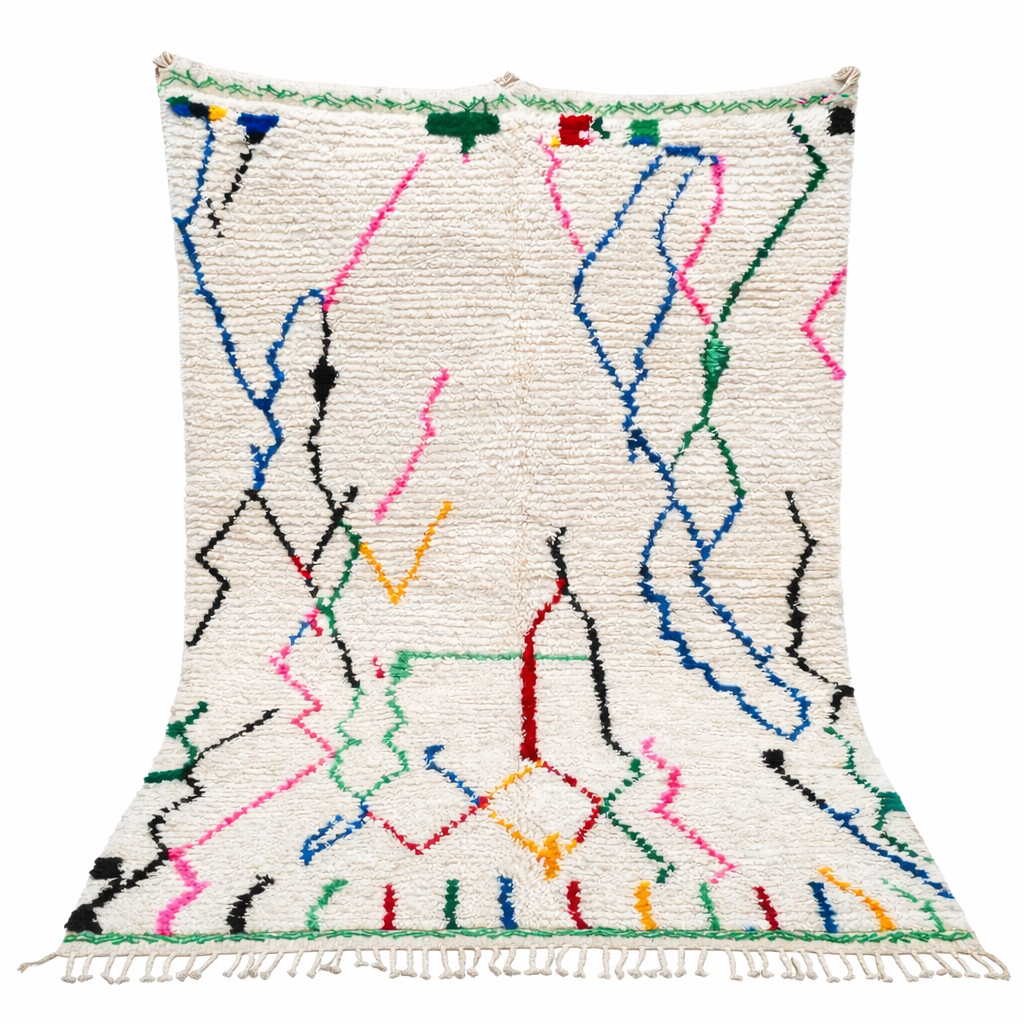 white handmade moroccan berber rug with abstract multicolor line design in wool