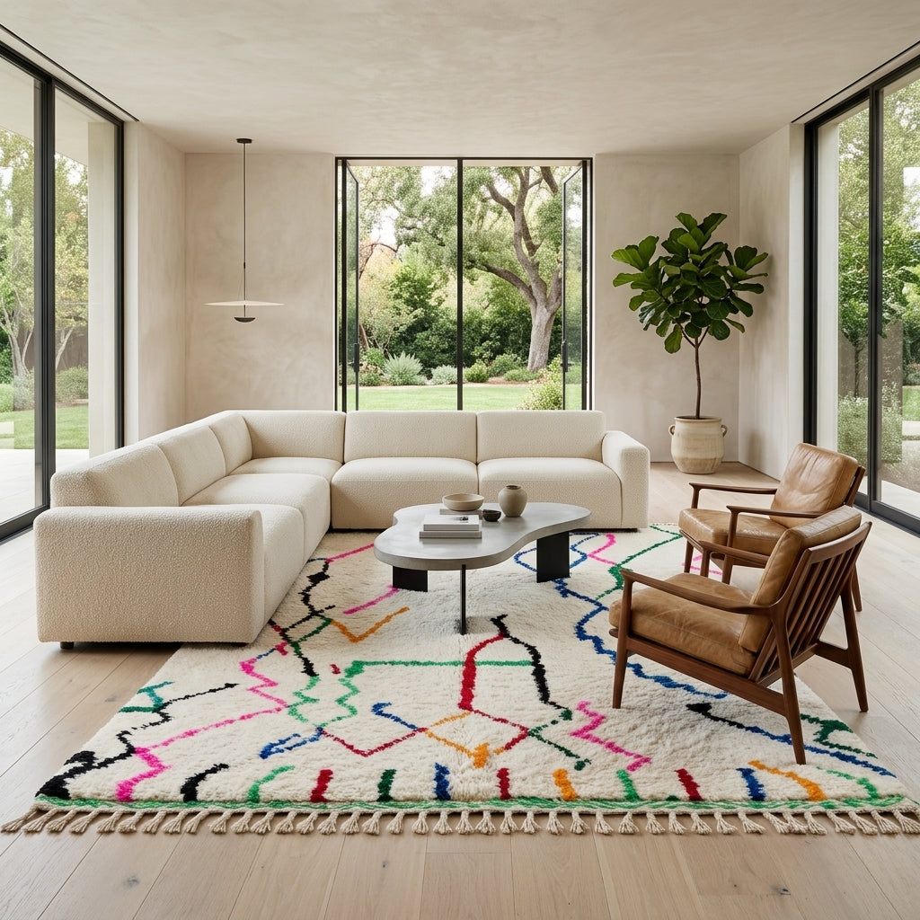 white handmade moroccan berber rug with abstract multicolor line design in wool
