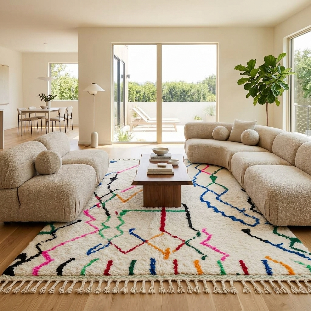 white handmade moroccan berber rug with abstract multicolor line design in wool
