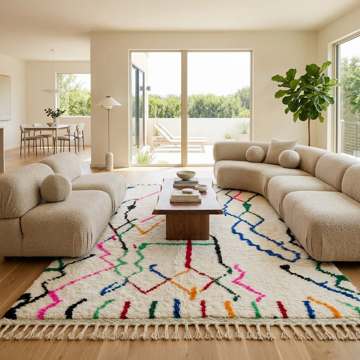 white handmade moroccan berber rug with abstract multicolor line design in wool

