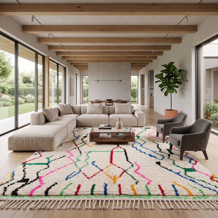 white handmade moroccan berber rug with abstract multicolor line design in wool
