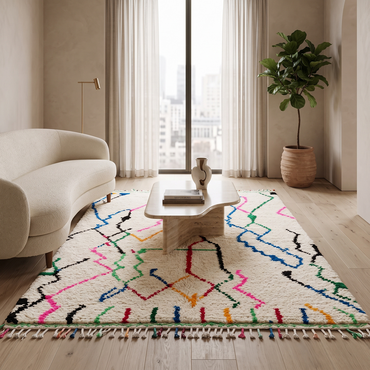 white handmade moroccan berber rug with abstract multicolor line design in wool
