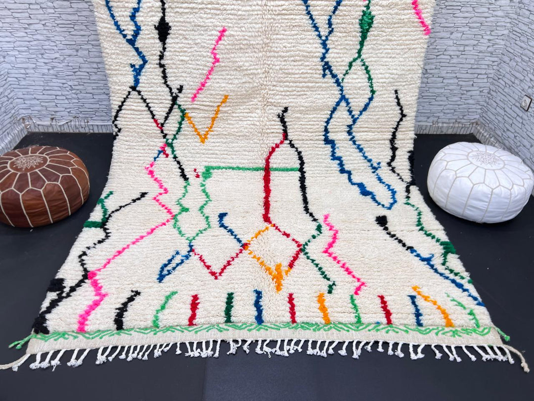white handmade moroccan berber rug with abstract multicolor line design in wool