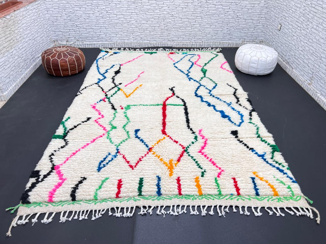white handmade moroccan berber rug with abstract multicolor line design in wool
