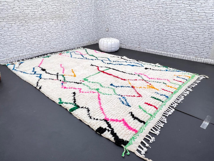 white handmade moroccan berber rug with abstract multicolor line design in wool