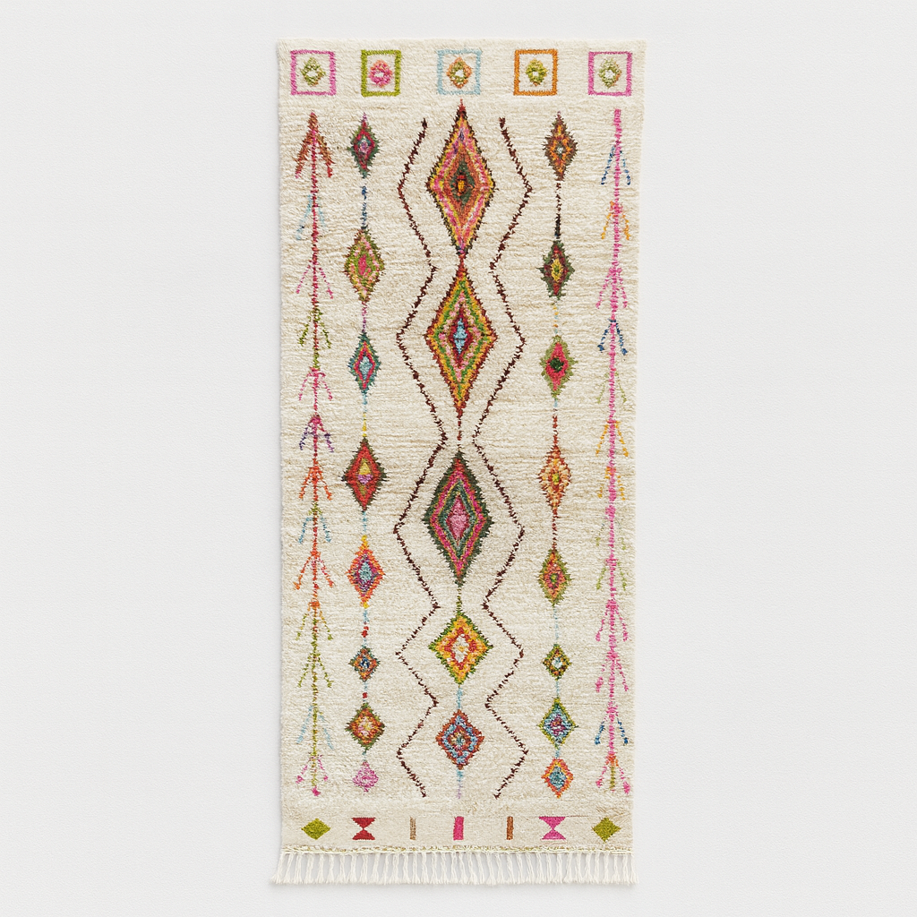 Handmade white Moroccan runner rug with colorful Berber diamond motifs and tribal patterns, crafted from natural wool for hallways and modern interiors.