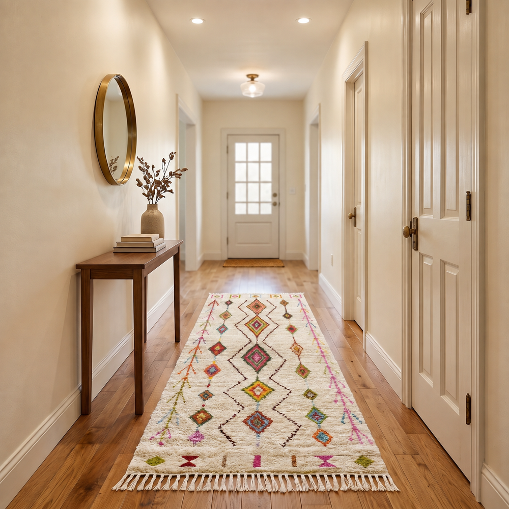 Handmade white Moroccan runner rug with colorful Berber diamond motifs and tribal patterns, crafted from natural wool for hallways and modern interiors.