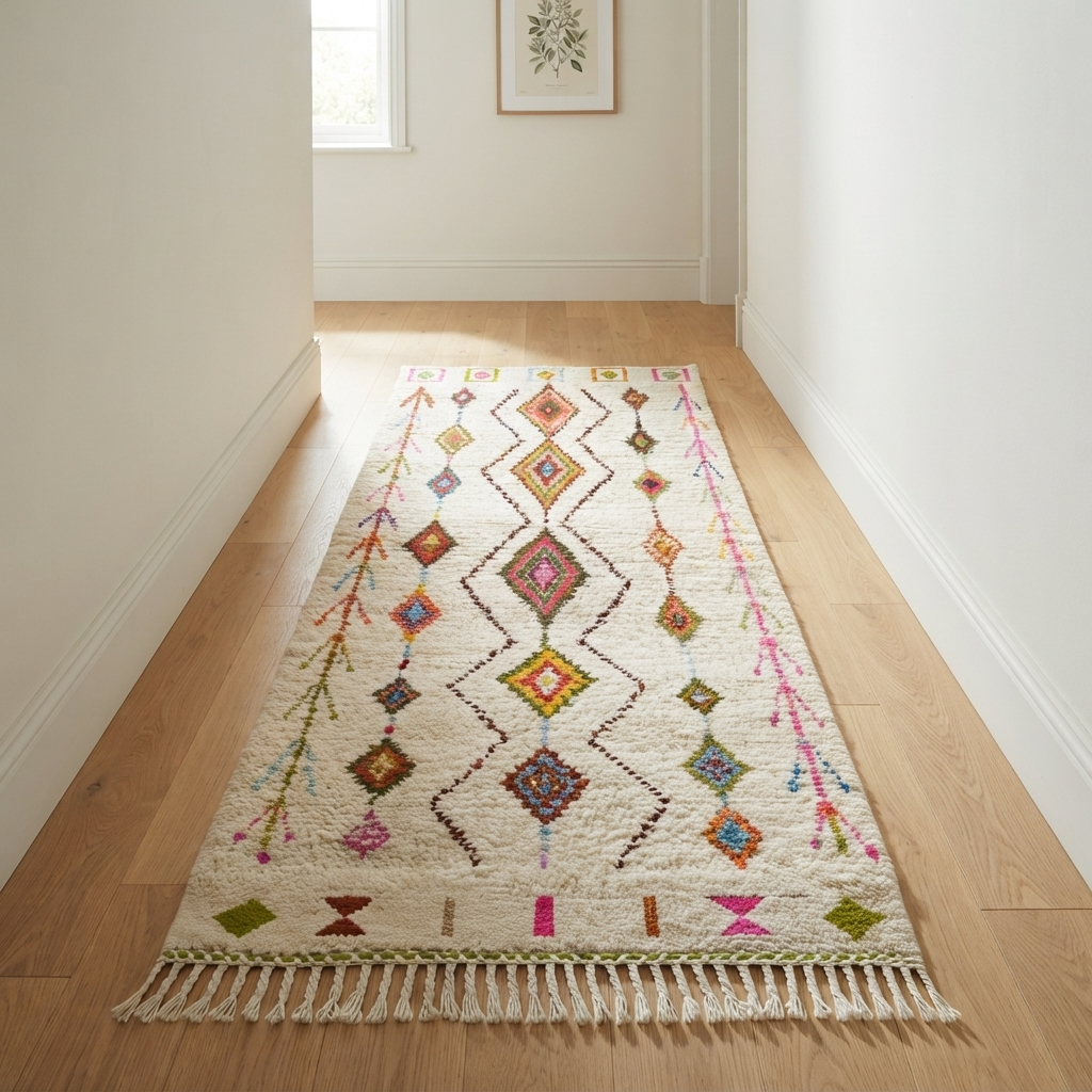 Handmade white Moroccan runner rug with colorful Berber diamond motifs and tribal patterns, crafted from natural wool for hallways and modern interiors.