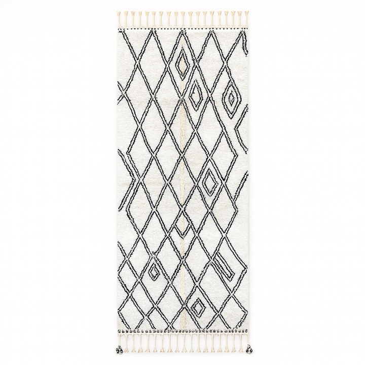 Handmade white Moroccan runner rug with black diamond lattice pattern in natural wool, Berber inspired design.