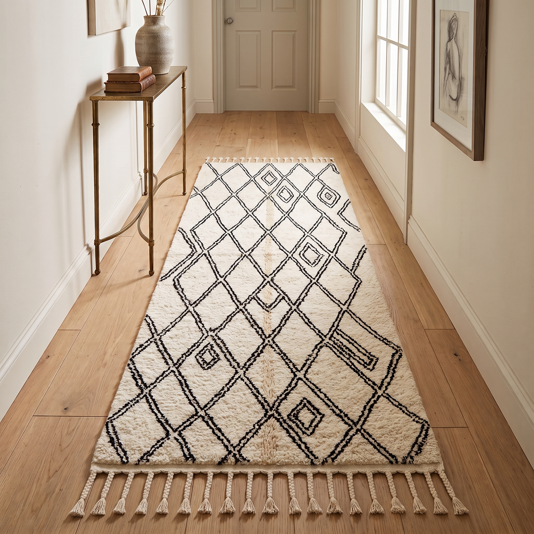 Handmade white Moroccan runner rug with black diamond lattice pattern in natural wool, Berber inspired design.