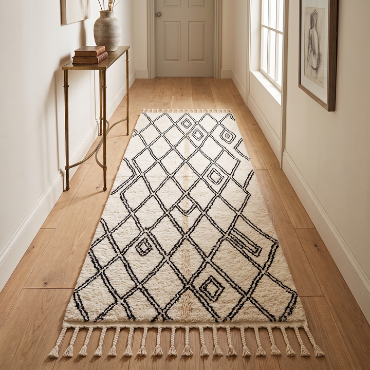 Handmade white Moroccan runner rug with black diamond lattice pattern in natural wool, Berber inspired design.