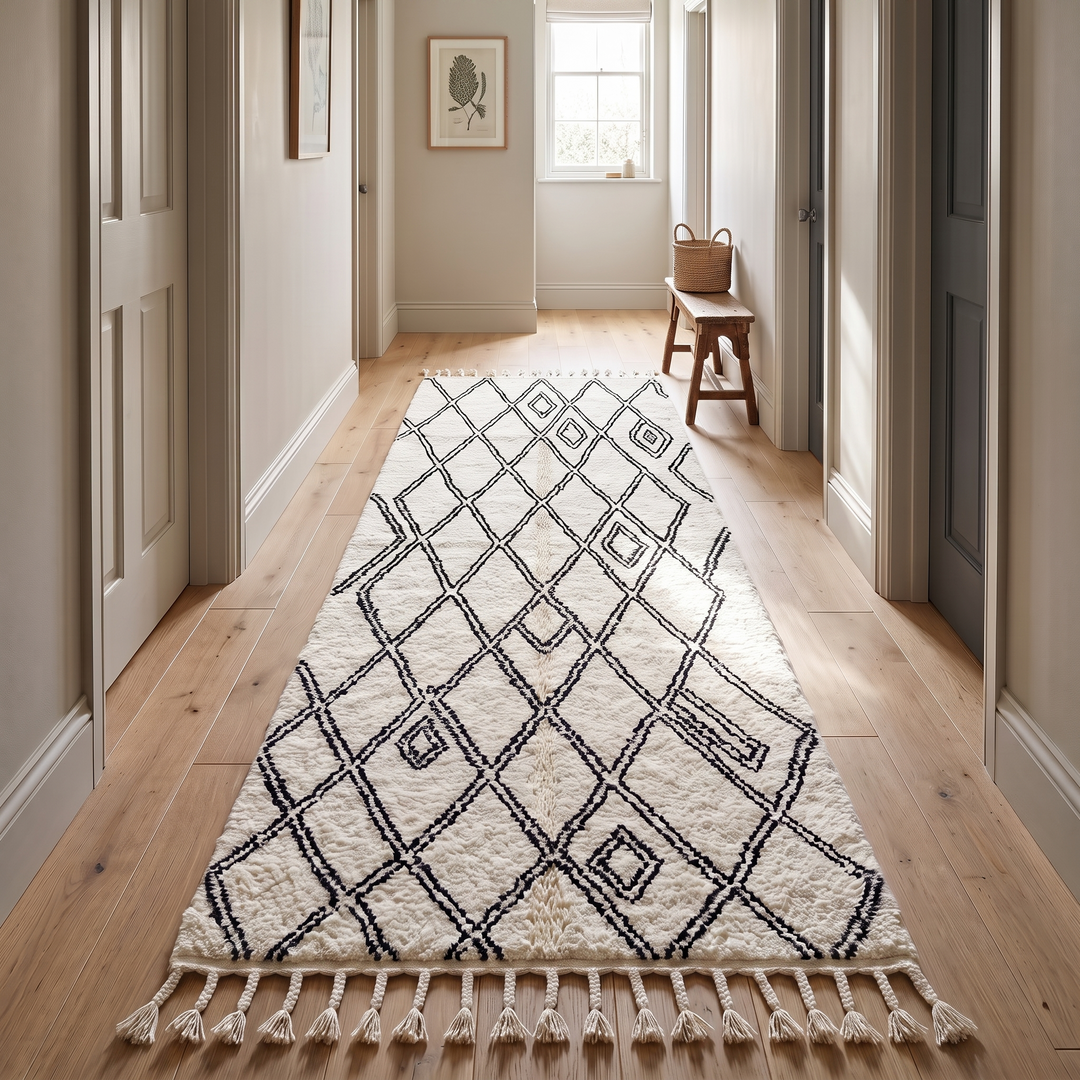 Handmade white Moroccan runner rug with black diamond lattice pattern in natural wool, Berber inspired design.