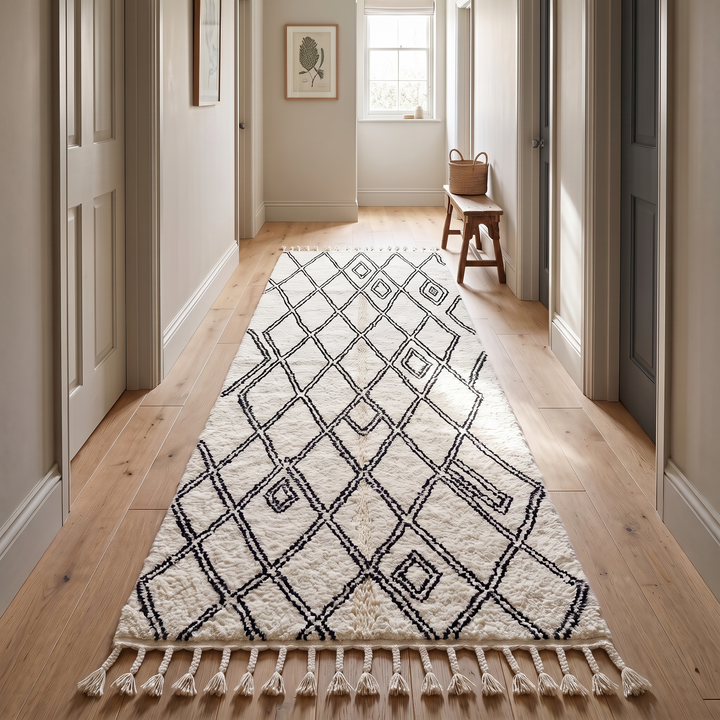 Handmade white Moroccan runner rug with black diamond lattice pattern in natural wool, Berber inspired design.