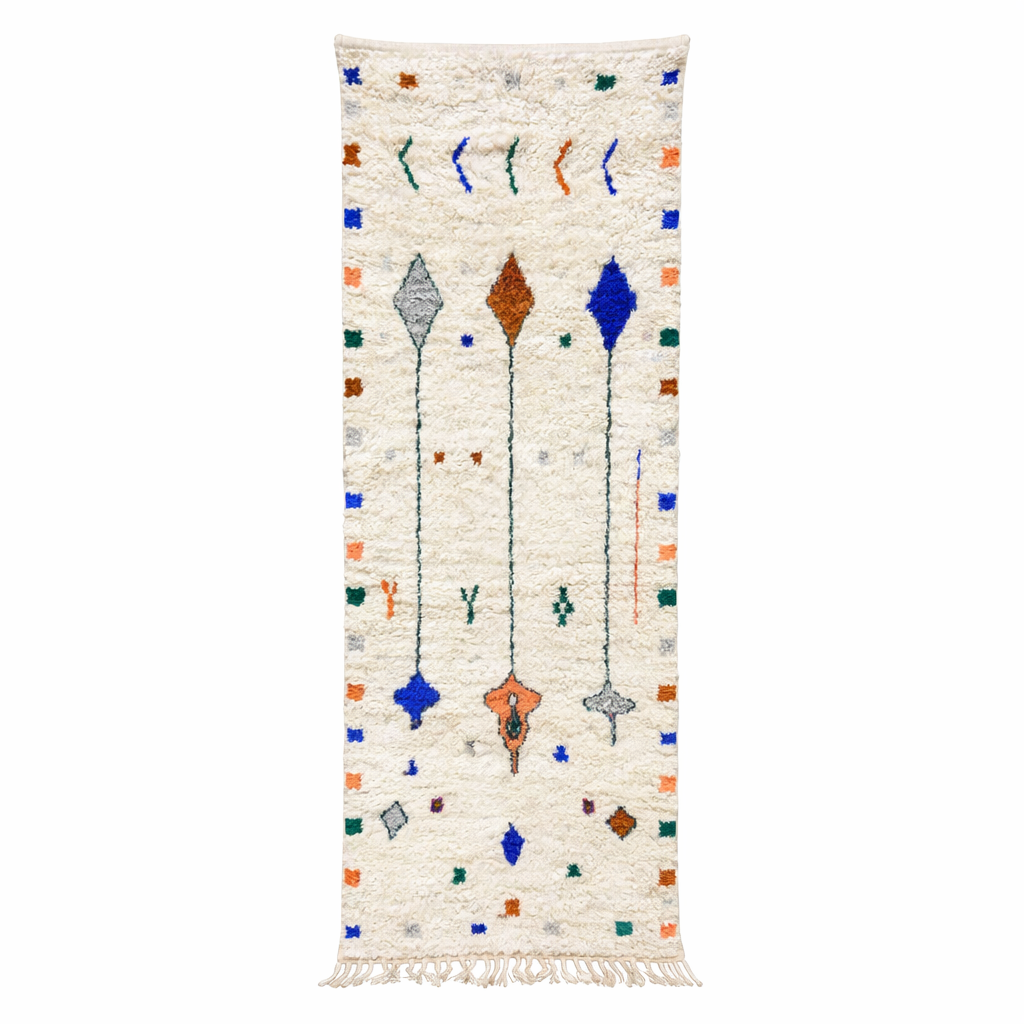 White Moroccan runner rug handmade from wool with colorful Berber symbols