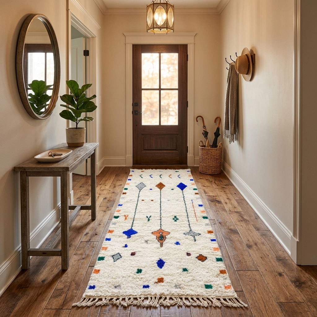 White Moroccan runner rug handmade from wool with colorful Berber symbols