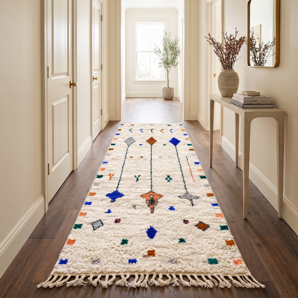 White Moroccan runner rug handmade from wool with colorful Berber symbols