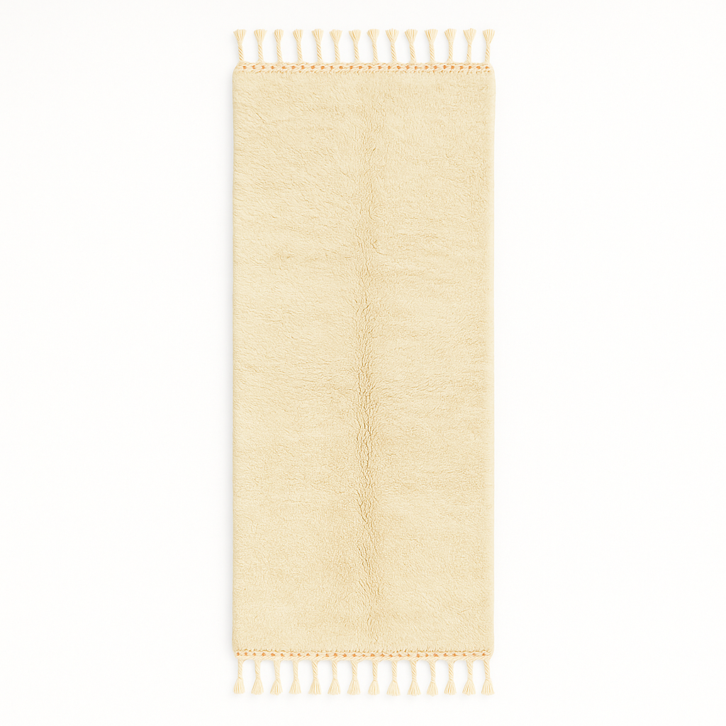 Handmade white Moroccan wool runner rug with minimalist design