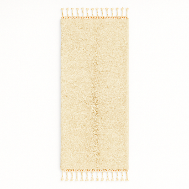 Handmade white Moroccan wool runner rug with minimalist design