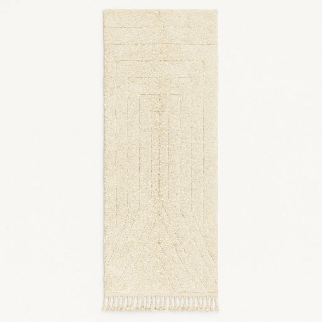 Handmade white Moroccan wool runner rug with minimalist linear carved design