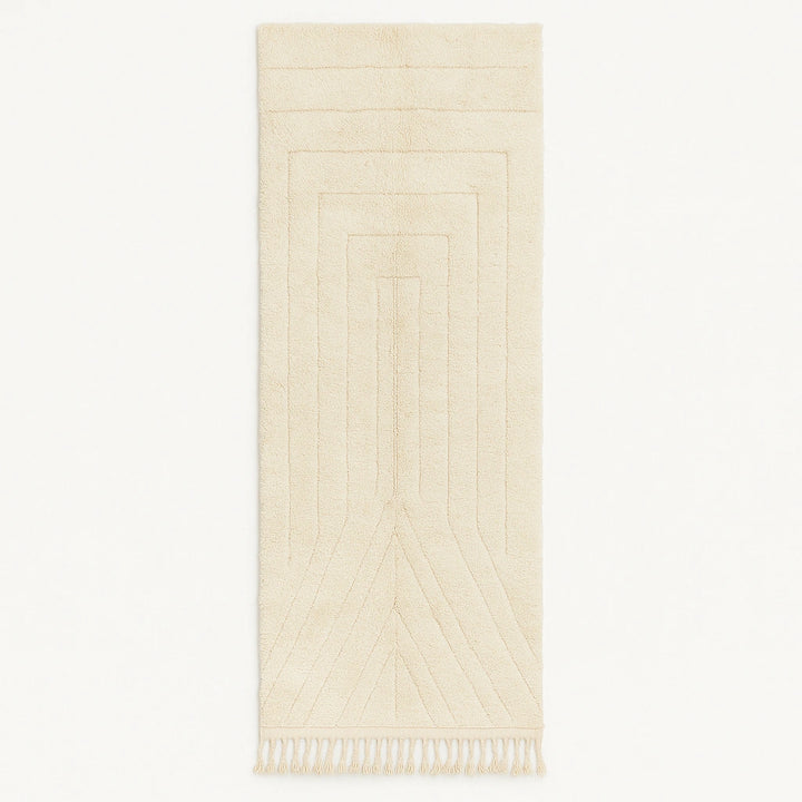 Handmade white Moroccan wool runner rug with minimalist linear carved design