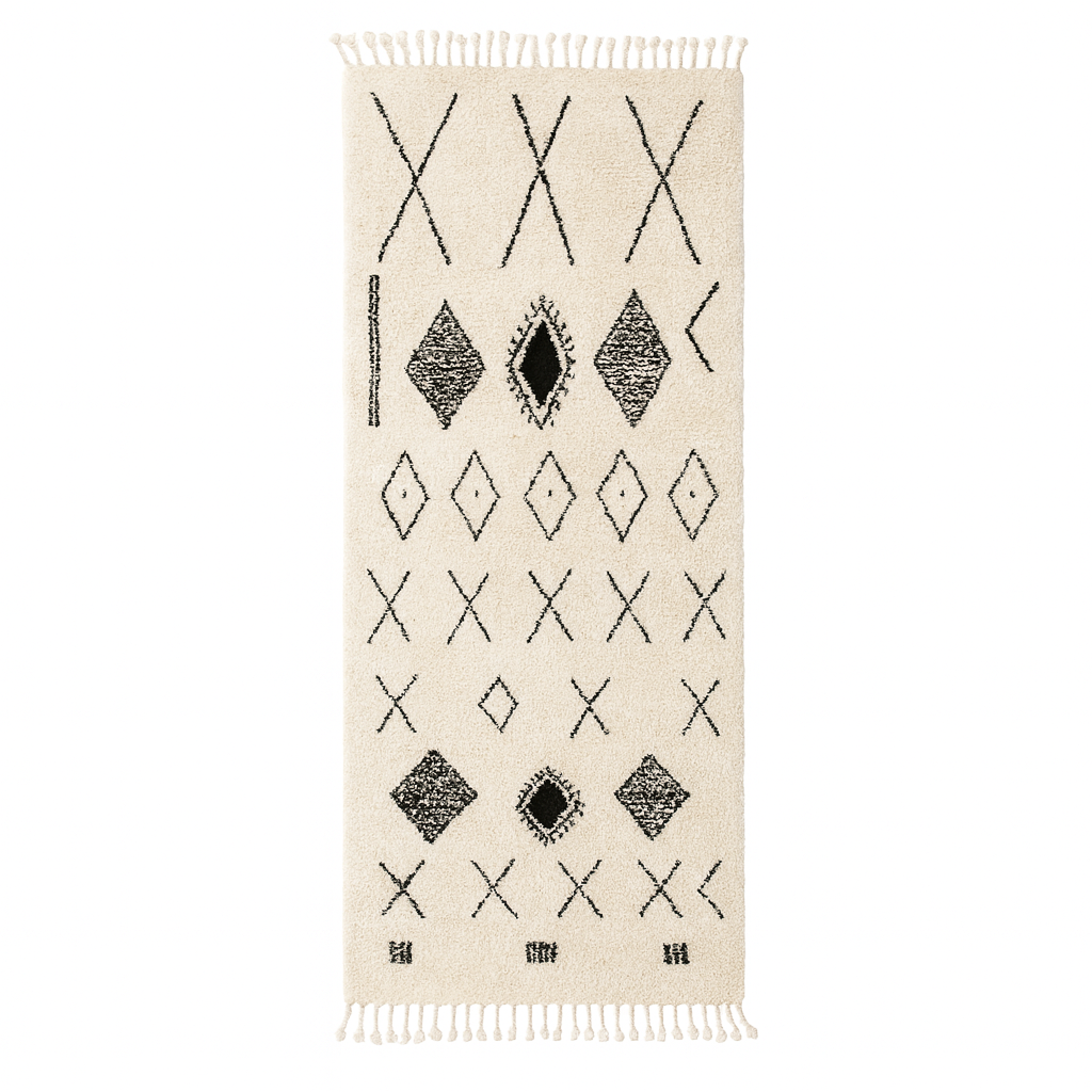Handmade white Moroccan runner rug with black tribal Berber symbols and diamond patterns.