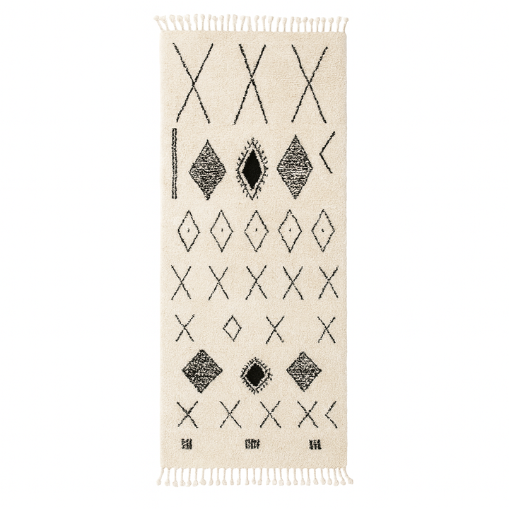 Handmade white Moroccan runner rug with black tribal Berber symbols and diamond patterns.