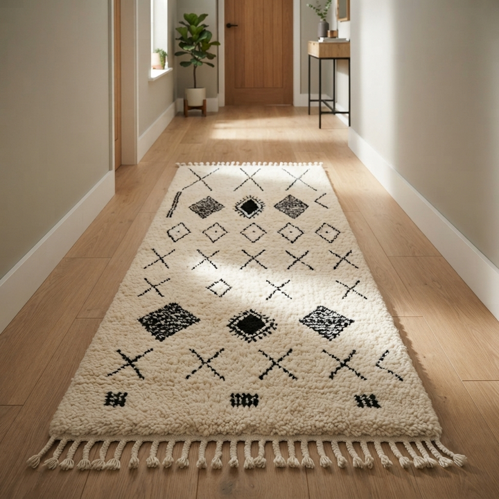 Handmade white Moroccan runner rug with black tribal Berber symbols and diamond patterns.