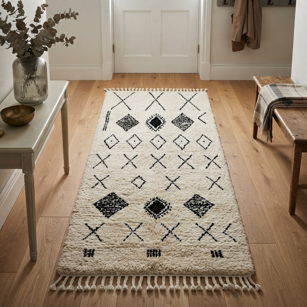 Handmade white Moroccan runner rug with black tribal Berber symbols and diamond patterns.