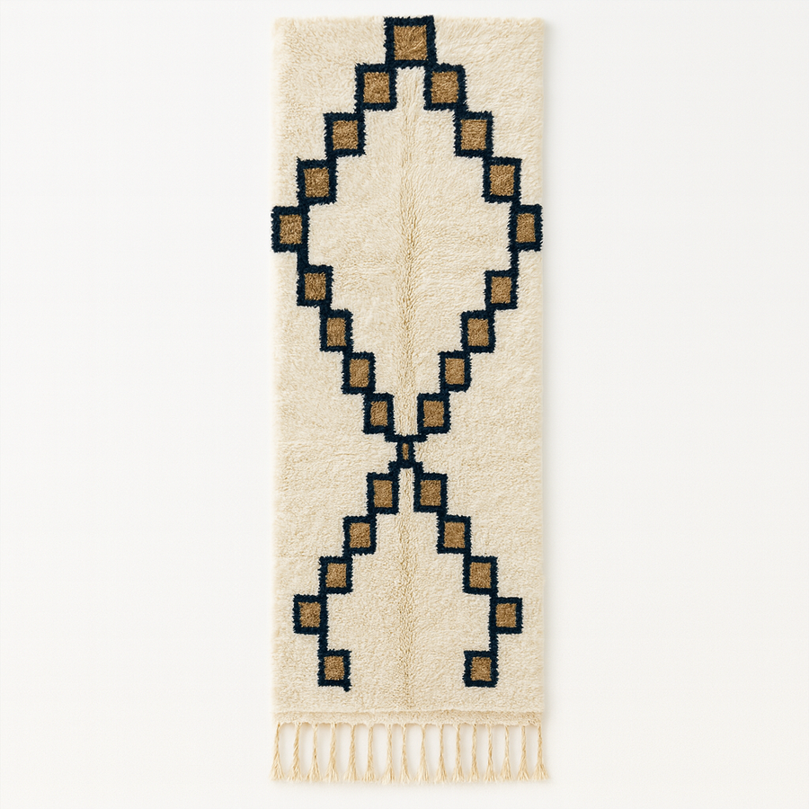 White Moroccan Berber runner rug with black and tan diamond motif, handmade wool hallway carpet with traditional tribal design