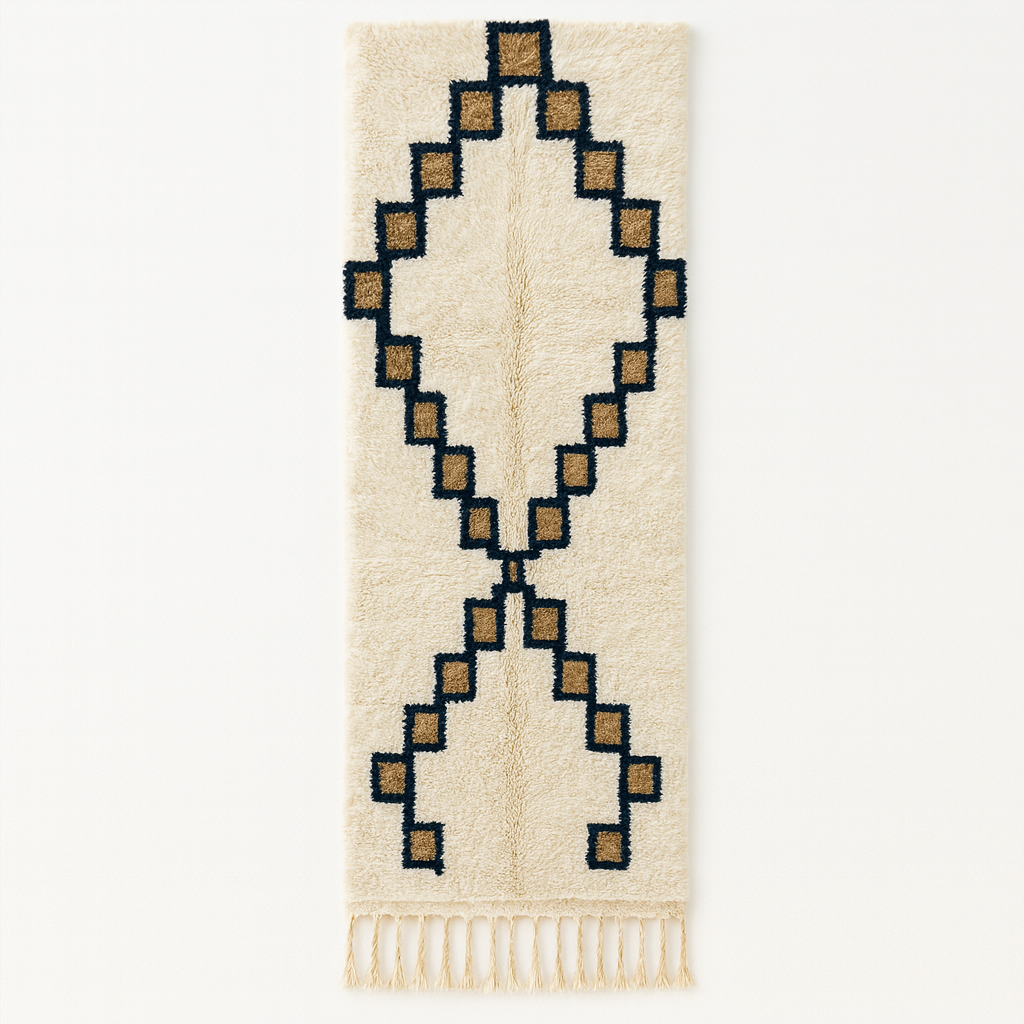 White Moroccan Berber runner rug with black and tan diamond motif, handmade wool hallway carpet with traditional tribal design