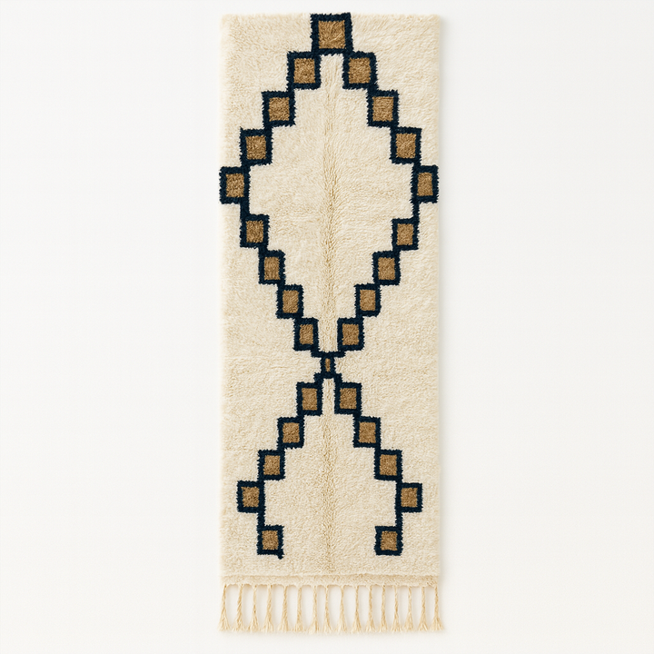 White Moroccan Berber runner rug with black and tan diamond motif, handmade wool hallway carpet with traditional tribal design