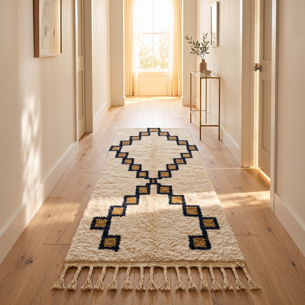 White Moroccan Berber runner rug with black and tan diamond motif, handmade wool hallway carpet with traditional tribal design