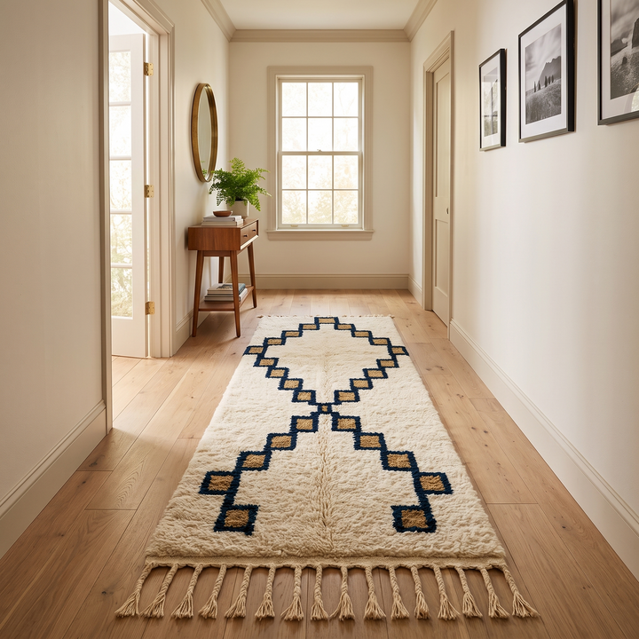 White Moroccan Berber runner rug with black and tan diamond motif, handmade wool hallway carpet with traditional tribal design