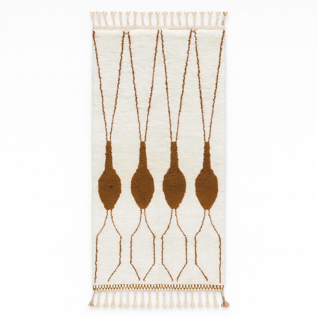 Handmade white Moroccan runner rug with brown abstract elongated motifs, crafted from natural wool by Berber artisans.