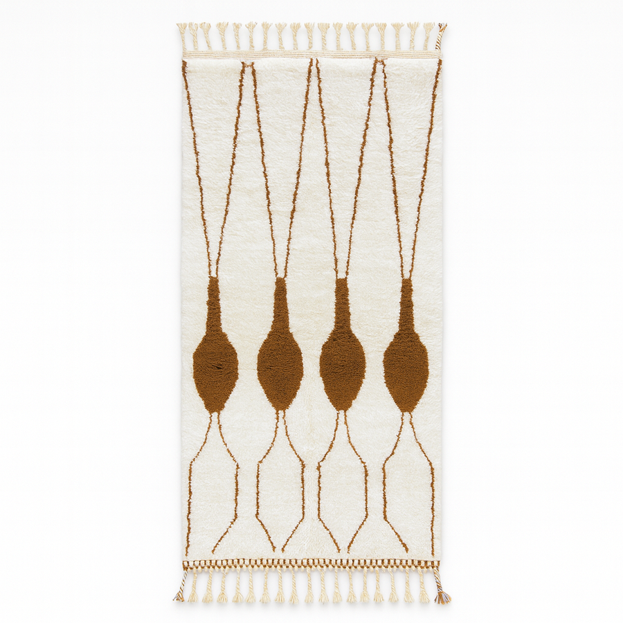 Handmade white Moroccan runner rug with brown abstract elongated motifs, crafted from natural wool by Berber artisans.
