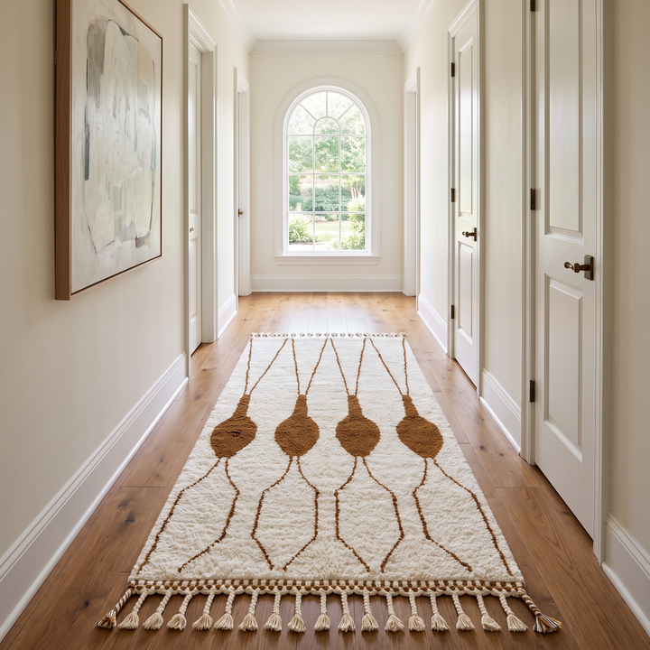 Handmade white Moroccan runner rug with brown abstract elongated motifs, crafted from natural wool by Berber artisans.