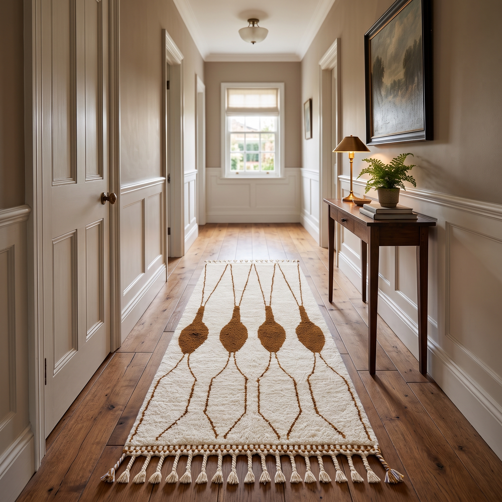 Handmade white Moroccan runner rug with brown abstract elongated motifs, crafted from natural wool by Berber artisans.