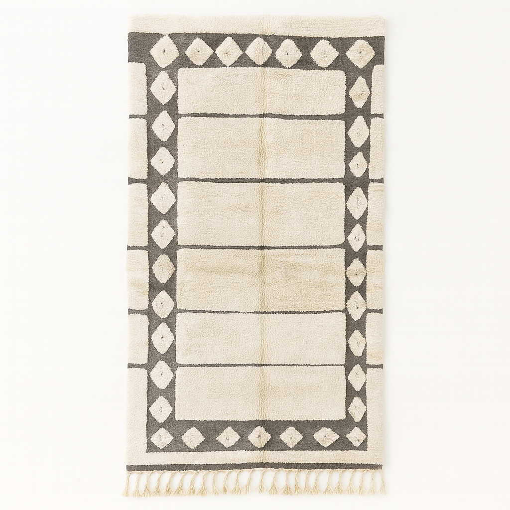 Handmade white Moroccan runner rug with grey tribal border and diamond motifs, Berber wool hallway carpet, minimalist modern Moroccan runner design.