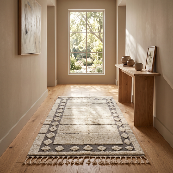 Handmade white Moroccan runner rug with grey tribal border and diamond motifs, Berber wool hallway carpet, minimalist modern Moroccan runner design.