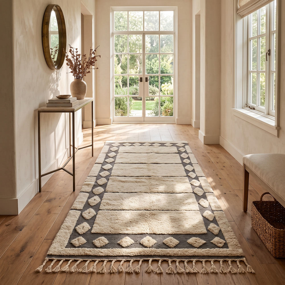 Handmade white Moroccan runner rug with grey tribal border and diamond motifs, Berber wool hallway carpet, minimalist modern Moroccan runner design.