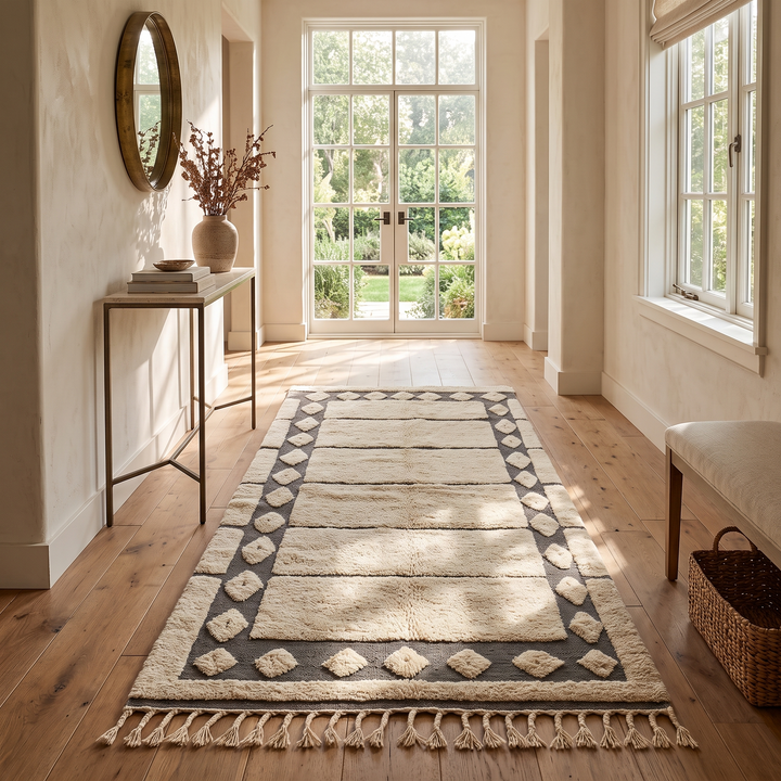 Handmade white Moroccan runner rug with grey tribal border and diamond motifs, Berber wool hallway carpet, minimalist modern Moroccan runner design.
