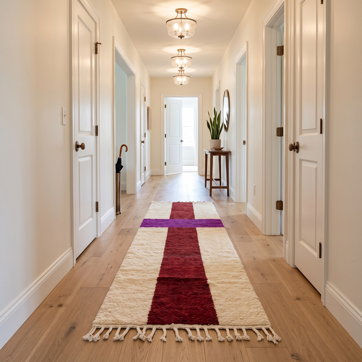 White Moroccan runner rug with a deep red vertical stripe and purple horizontal stripe, handmade from natural wool