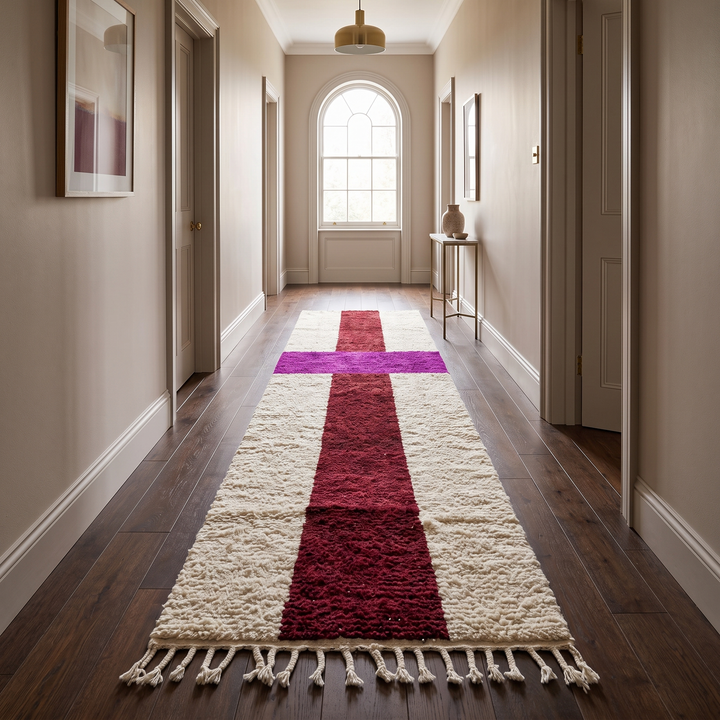 White Moroccan runner rug with a deep red vertical stripe and purple horizontal stripe, handmade from natural wool