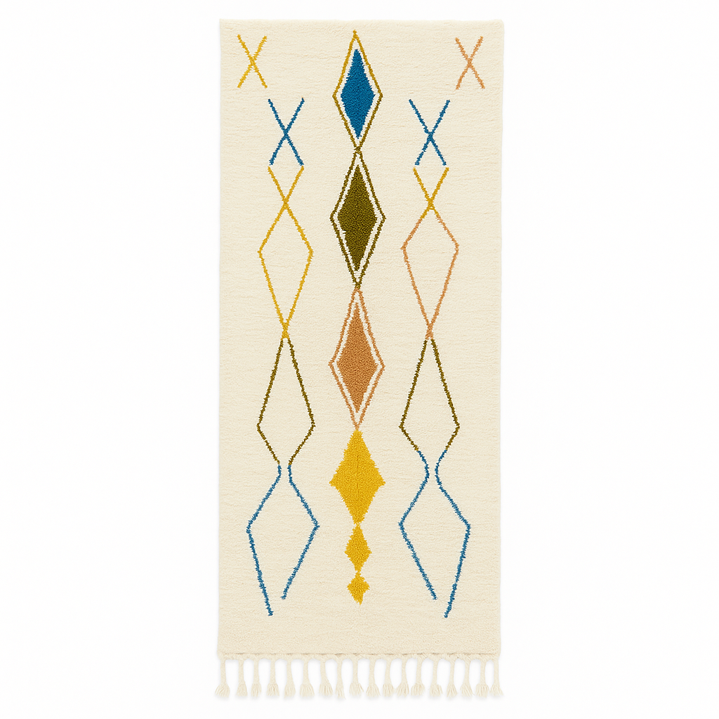 Handmade white Moroccan wool runner rug with multicolor diamond and line motifs