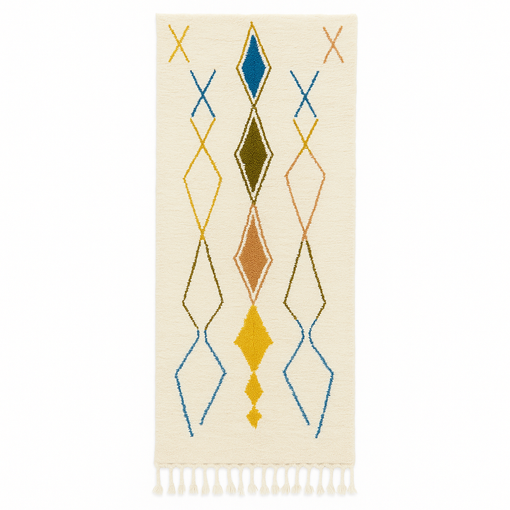 Handmade white Moroccan wool runner rug with multicolor diamond and line motifs