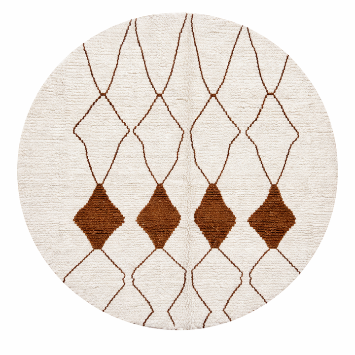 Handmade white Moroccan wool round rug with brown diamond geometric pattern