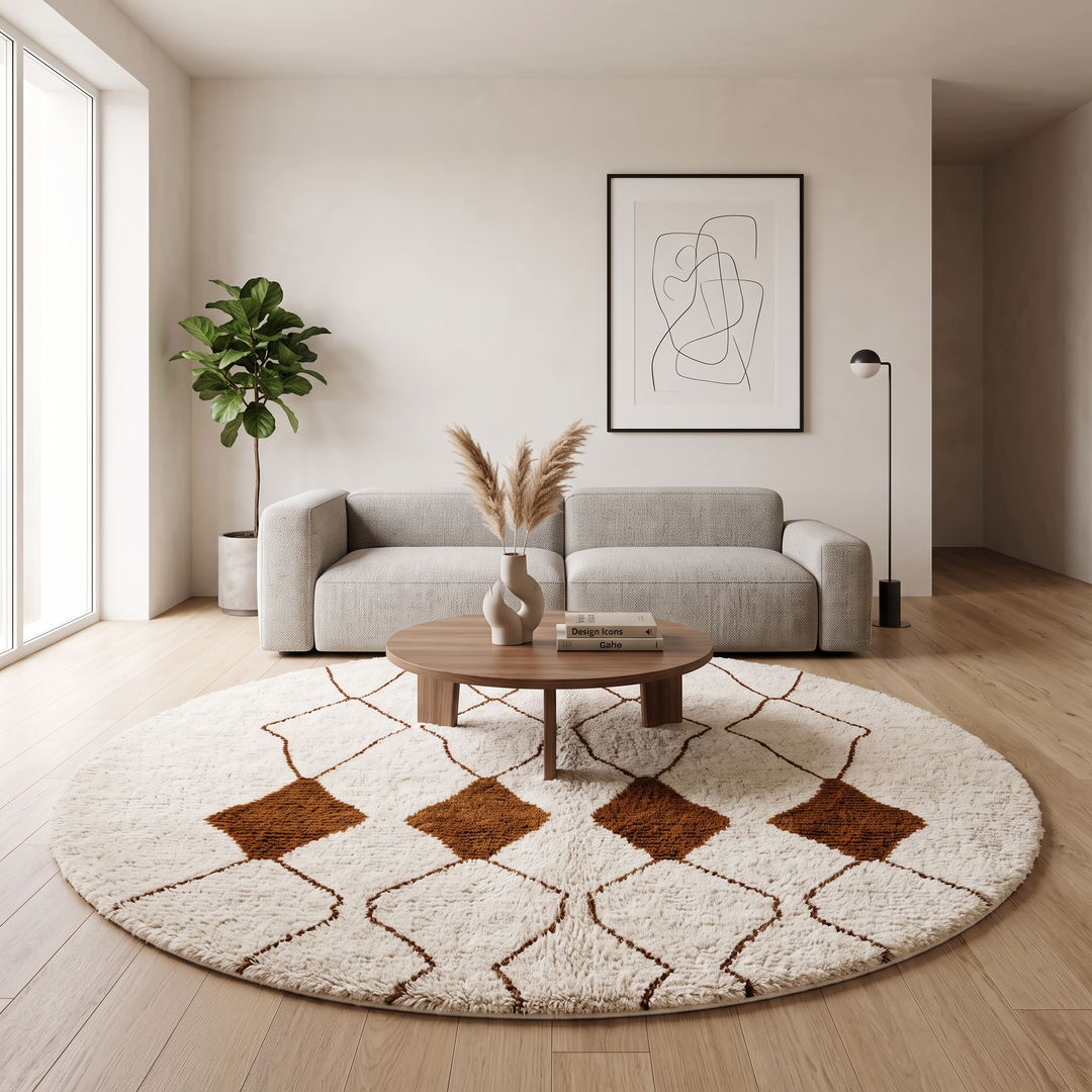 Handmade white Moroccan wool round rug with brown diamond geometric pattern