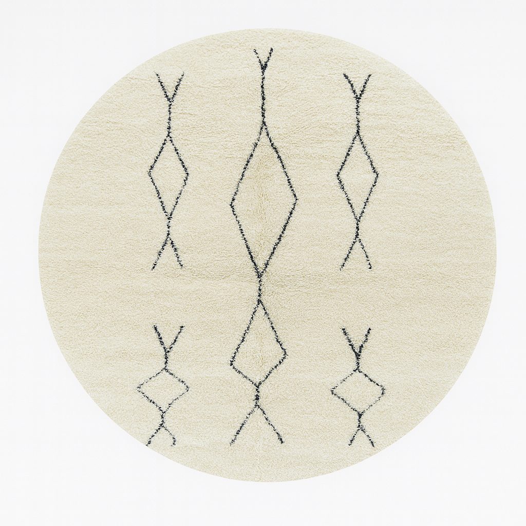 White Moroccan wool rug with black Berber diamond motifs in a round Beni Ourain style.